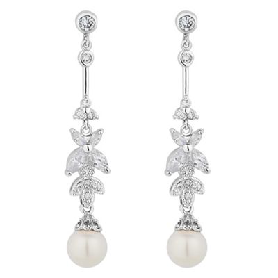 Silver crystal leaf and pearl drop earring
